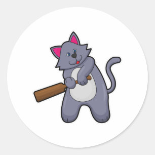 Cat at Cricket with Cricket bat Classic Round Sticker