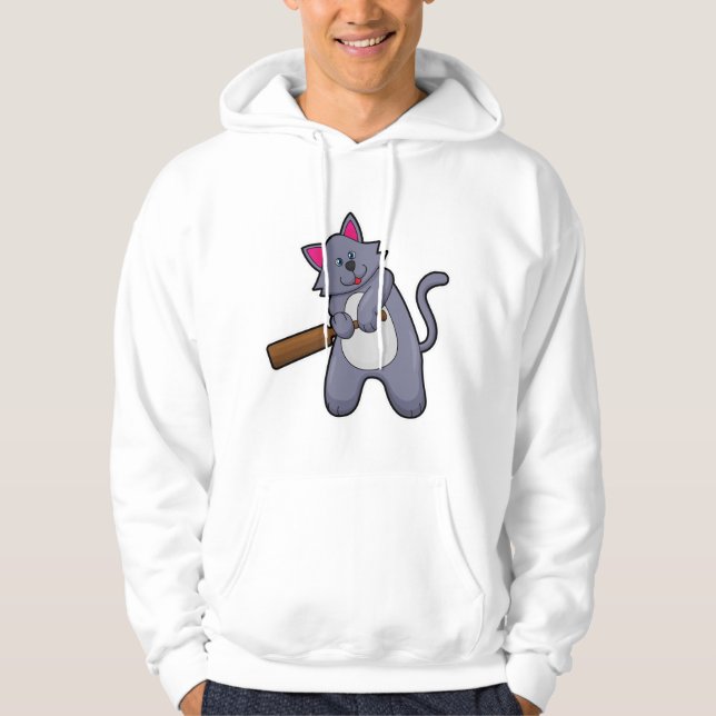 Cat at Cricket with Cricket bat Hoodie (Front)