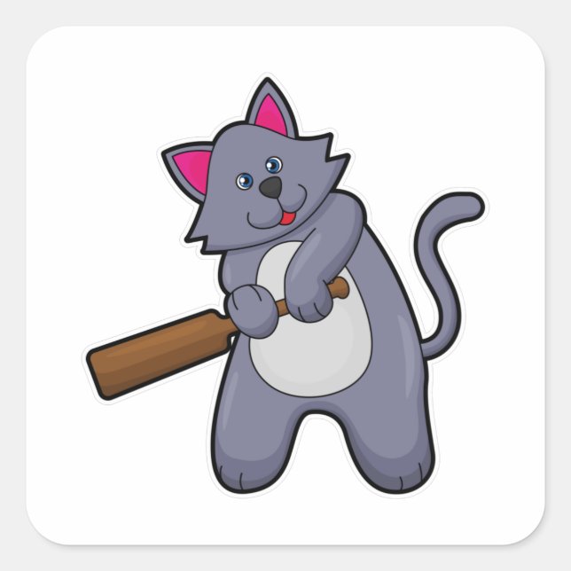 Cat at Cricket with Cricket bat Square Sticker (Front)