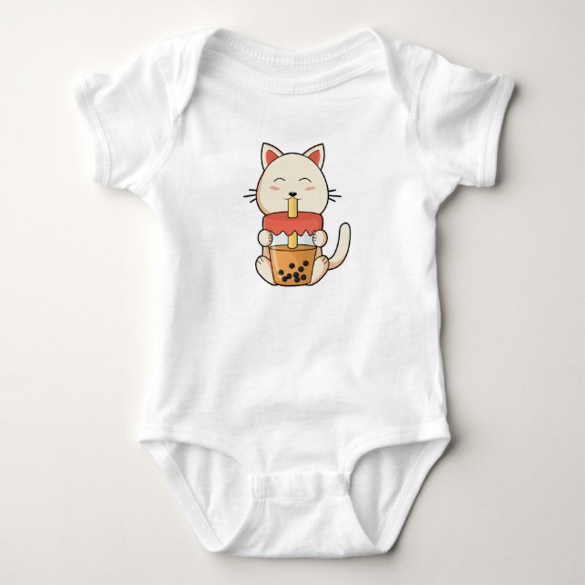 Cat at Drinking with Drinking straw Baby Bodysuit (Front)