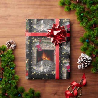 Cat at Fireplace Wrapping Paper