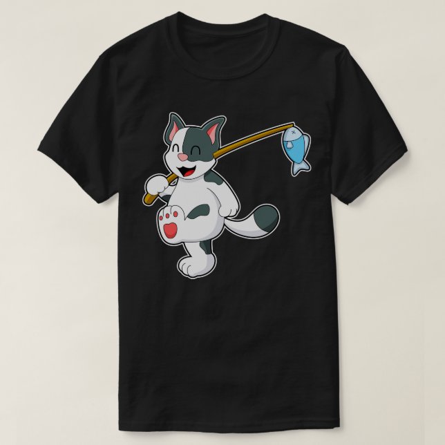 Cat at Fishing with Fishing rod 1 T-Shirt (Design Front)