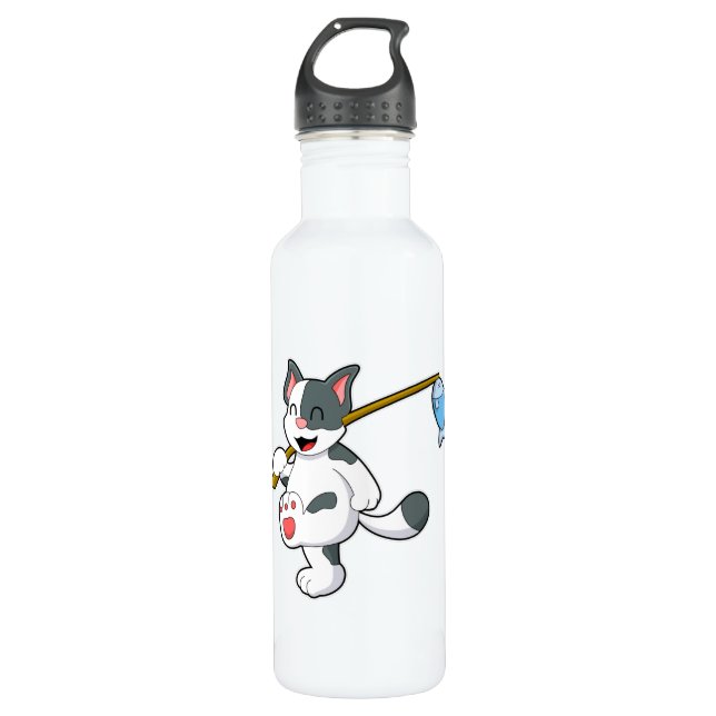 Cat at Fishing with Fishing rod 710 Ml Water Bottle (Front)