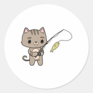 Cat at Fishing with Fishing rod Classic Round Sticker