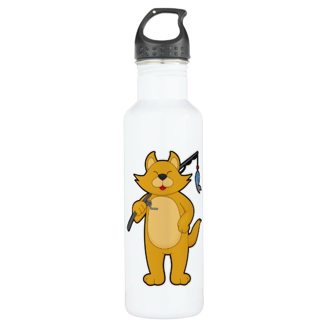 Cat at Fishing with Fishing rod & Fish 710 Ml Water Bottle (Front)