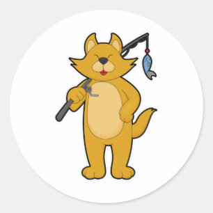 Cat at Fishing with Fishing rod & Fish Classic Round Sticker