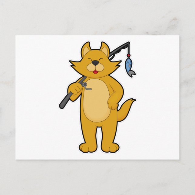 Cat at Fishing with Fishing rod & Fish Postcard (Front)