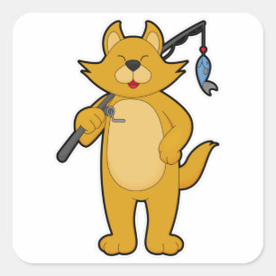 Cat at Fishing with Fishing rod & Fish Square Sticker