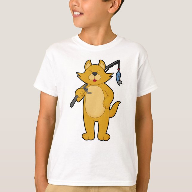 Cat at Fishing with Fishing rod & Fish T-Shirt (Front)