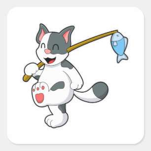 Cat at Fishing with Fishing rod Square Sticker
