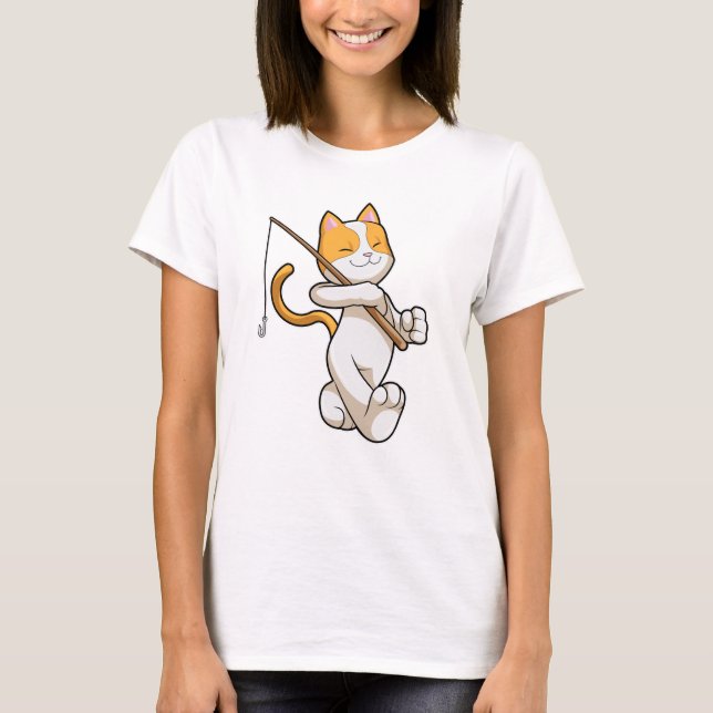Cat at Fishing with Fishing rod T-Shirt (Front)