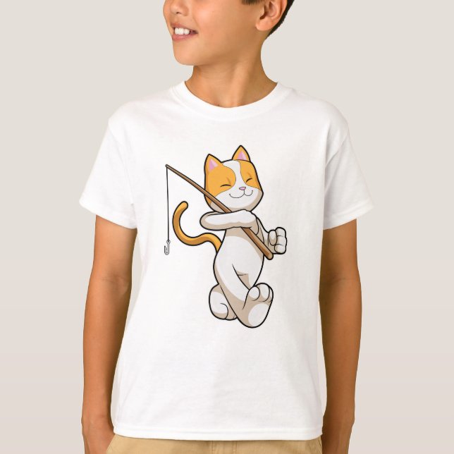 Cat at Fishing with Fishing rod T-Shirt (Front)
