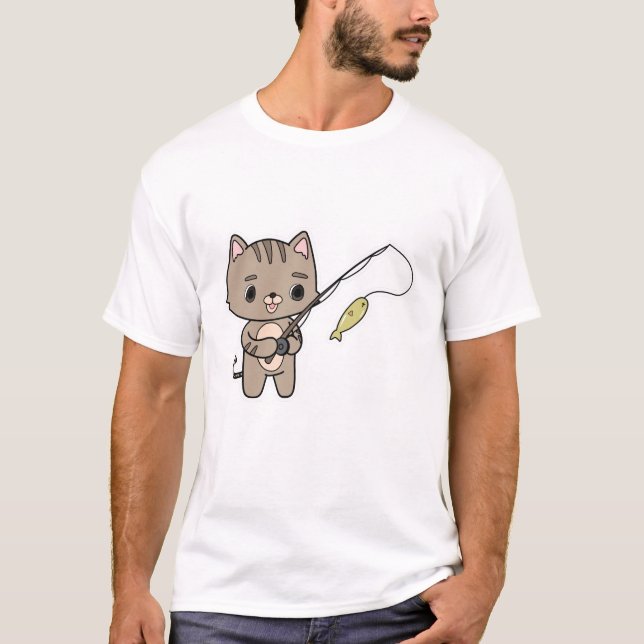 Cat at Fishing with Fishing rod T-Shirt (Front)