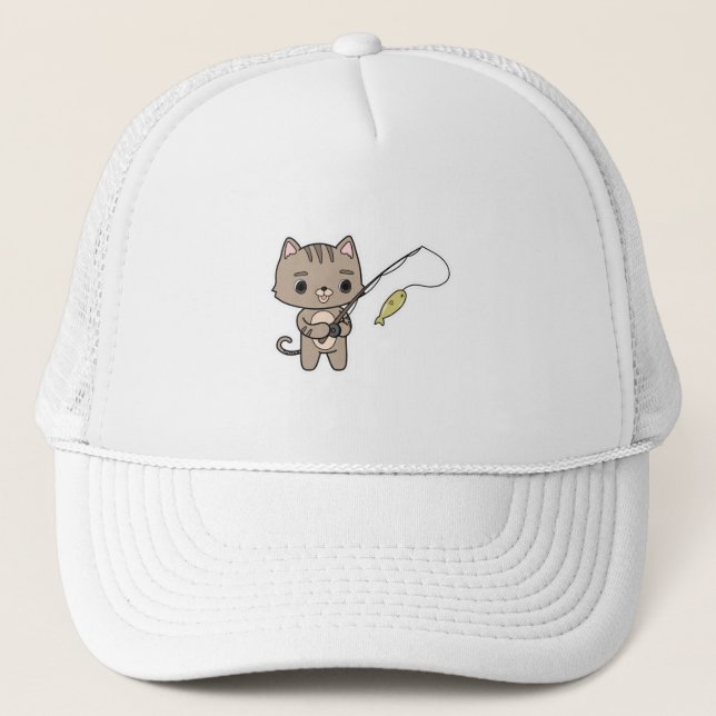 Cat at Fishing with Fishing rod Trucker Hat (Front)