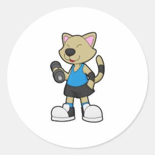 Cat at Fitness with Dumbbell Classic Round Sticker