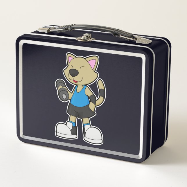 Cat at Fitness with Dumbbell Metal Lunch Box (Front)