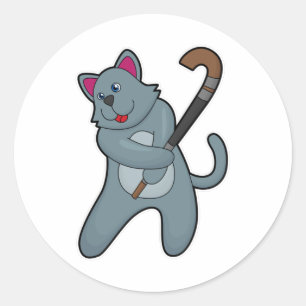 Cat at Hockey with Hockey stick Classic Round Sticker