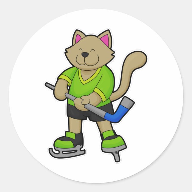Cat at Ice hockey with Ice hockey stick Classic Round Sticker (Front)