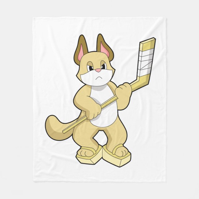 Cat at Ice hockey with Ice hockey stick Fleece Blanket (Front)