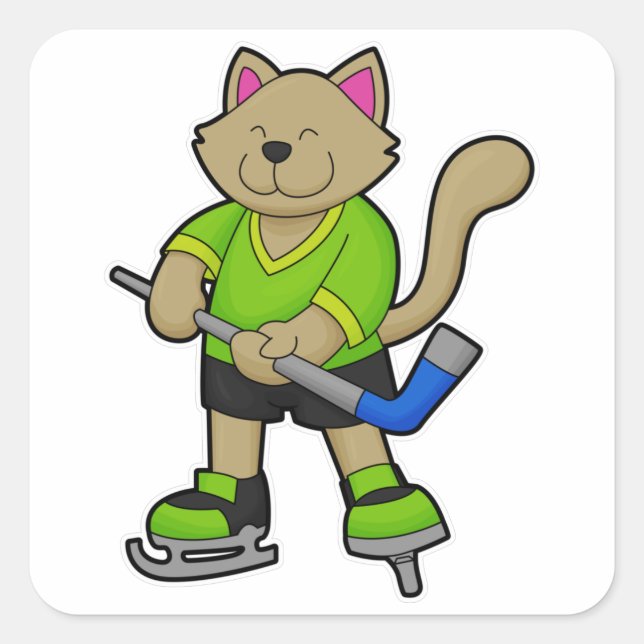 Cat at Ice hockey with Ice hockey stick Square Sticker (Front)