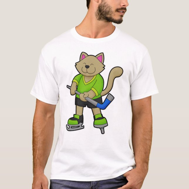 Cat at Ice hockey with Ice hockey stick T-Shirt (Front)