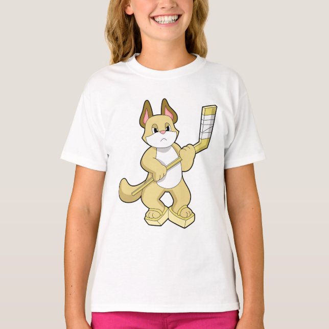Cat at Ice hockey with Ice hockey stick T-Shirt (Front)