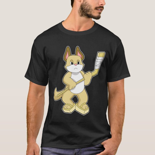 Cat at Ice hockey with Ice hockey stick T-Shirt (Front)