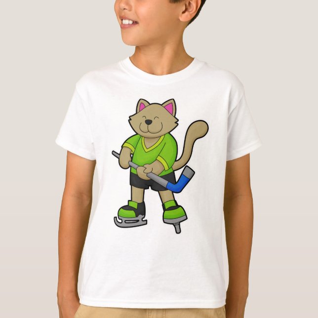 Cat at Ice hockey with Ice hockey stick T-Shirt (Front)