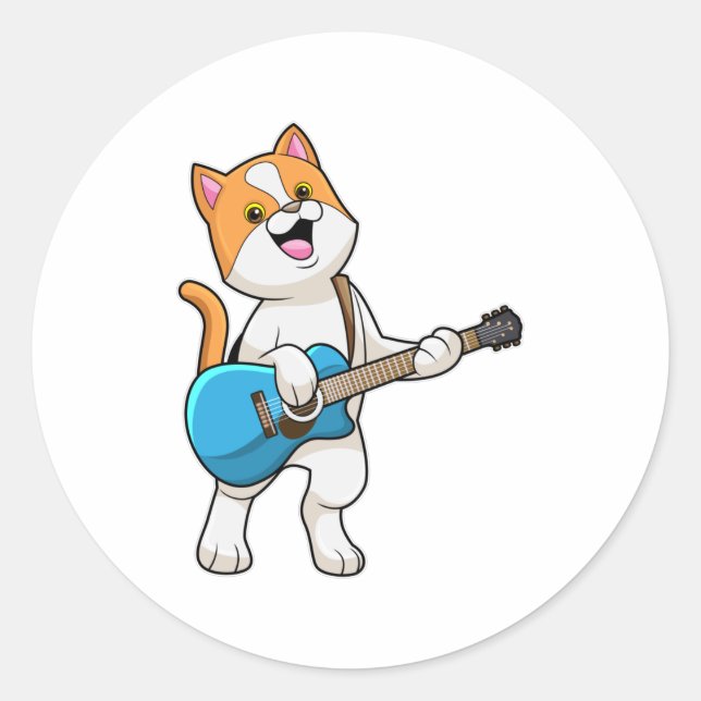 Cat at Music with Guitar Classic Round Sticker (Front)