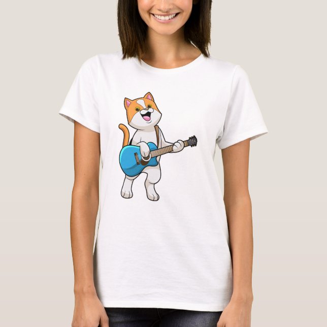 Cat at Music with Guitar T-Shirt (Front)