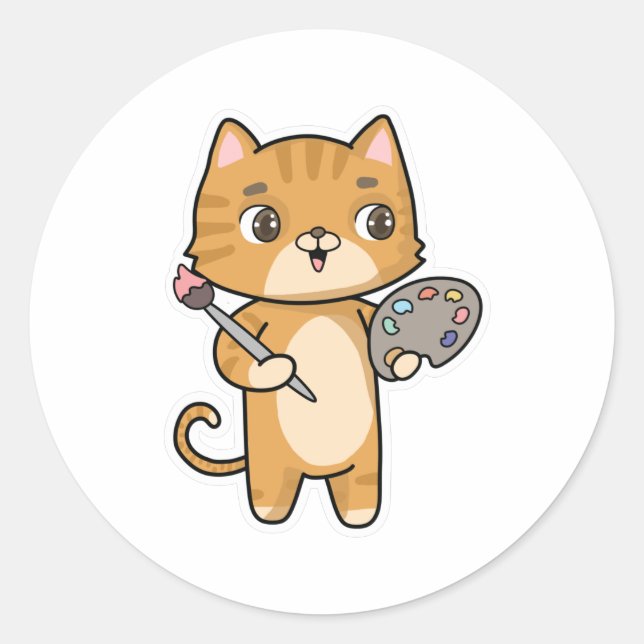 Cat at Painting with Colour & Brush Classic Round Sticker (Front)