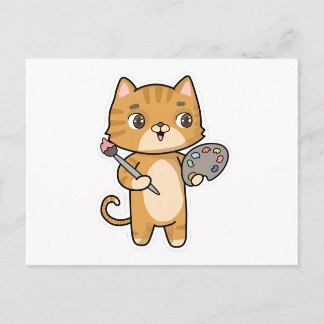Cat at Painting with Colour & Brush Postcard (Front)