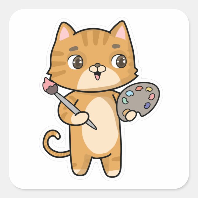 Cat at Painting with Colour & Brush Square Sticker (Front)