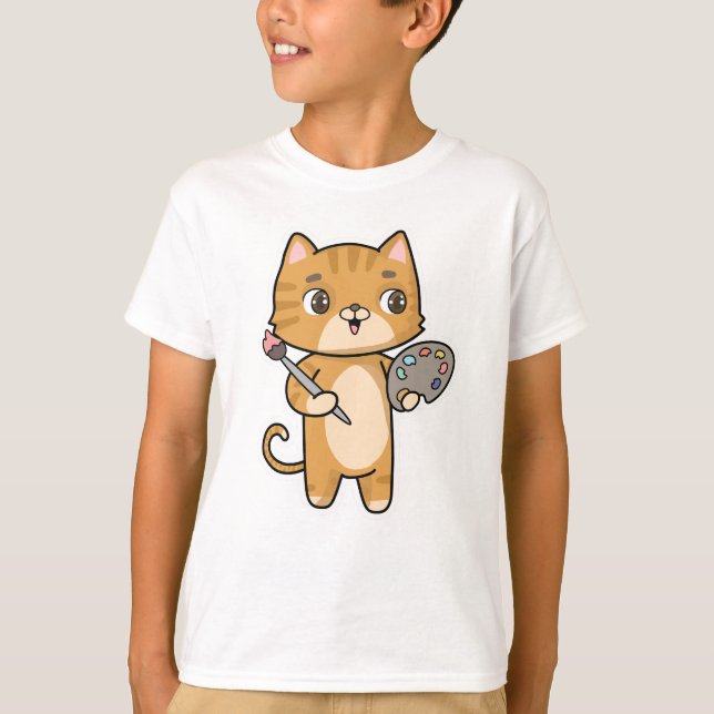 Cat at Painting with Colour & Brush T-Shirt (Front)