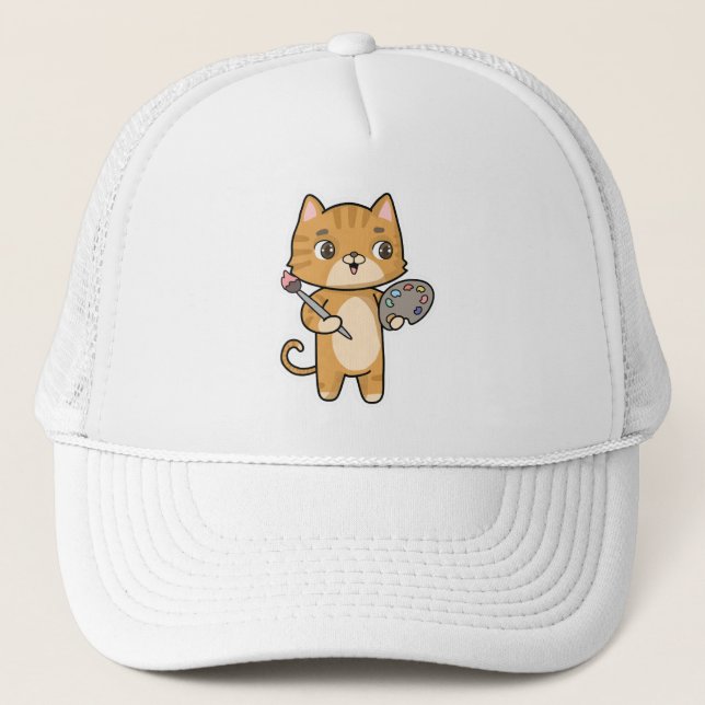 Cat at Painting with Colour & Brush Trucker Hat (Front)