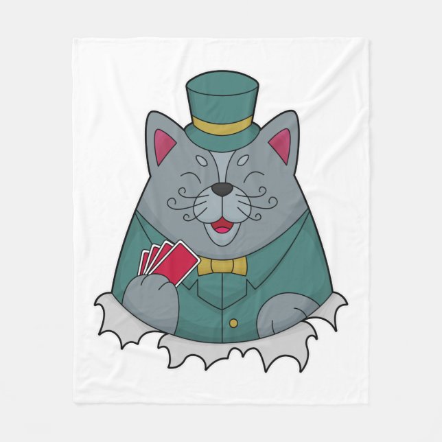 Cat at Poker with Poker cards Fleece Blanket (Front)