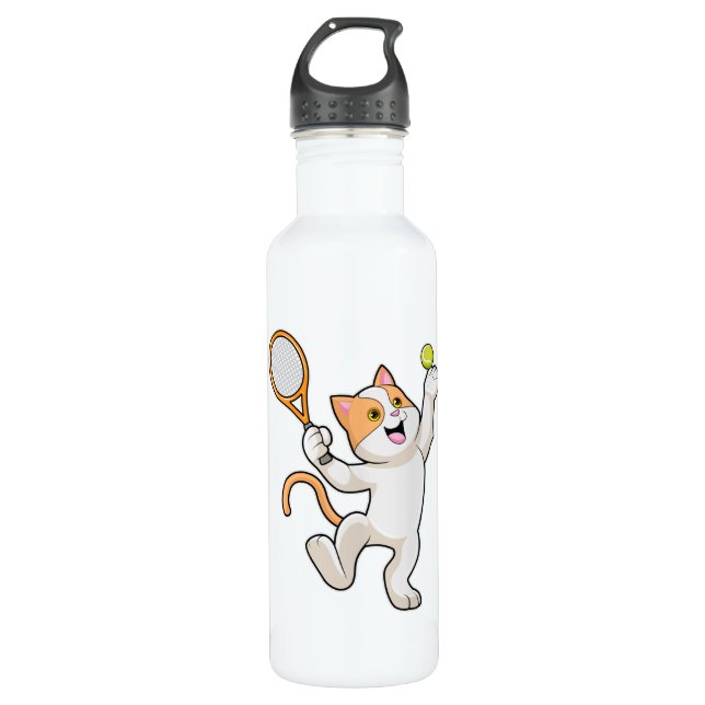 Cat at Tennis with Tennis racket 710 Ml Water Bottle (Front)