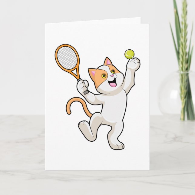 Cat at Tennis with Tennis racket Card (Front)