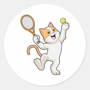 Cat at Tennis with Tennis racket Classic Round Sticker