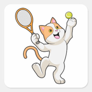 Cat at Tennis with Tennis racket Square Sticker