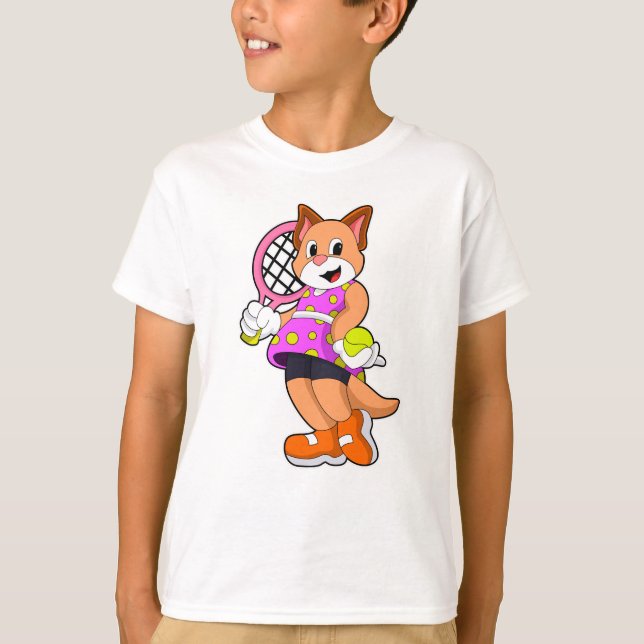 Cat at Tennis with Tennis racket T-Shirt (Front)