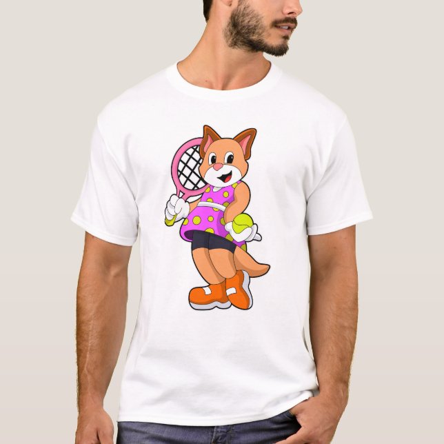 Cat at Tennis with Tennis racket T-Shirt (Front)