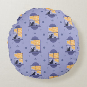 Cat at the Window Lavender Pattern Round Cushion