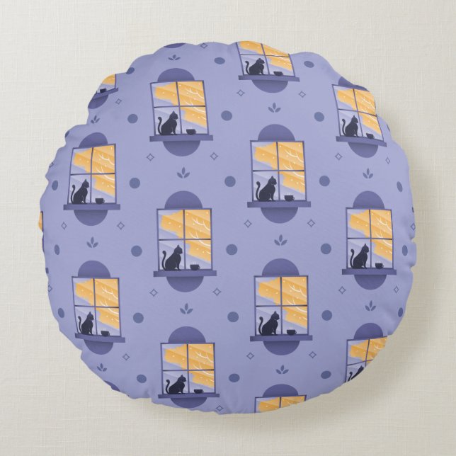 Cat at the Window Lavender Pattern  Round Cushion (Front)