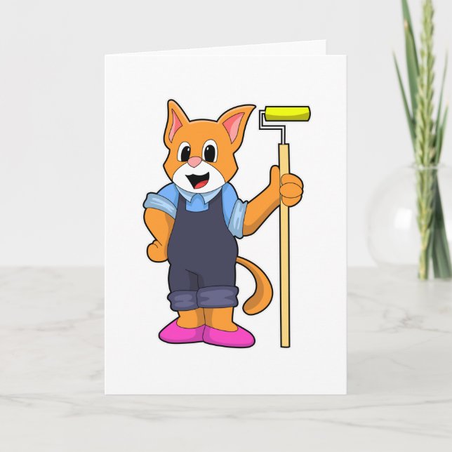 Cat at Wallpapering with Pressure roller Card (Front)