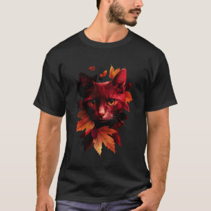 Cat Autumn Leaves Fall Nature Dark Red Black Cat L T-Shirt