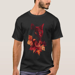 Cat Autumn Leaves Fall Nature Dark Red Black Cat L T-Shirt