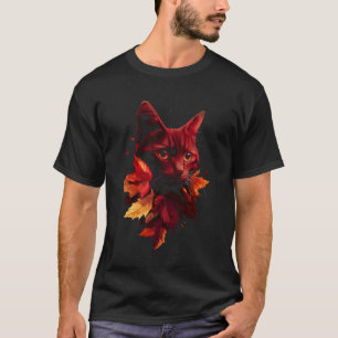 Cat Autumn Leaves Fall Nature Dark Red Black Cat L T-Shirt
