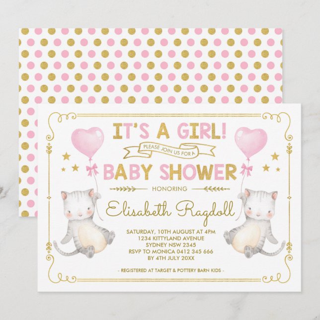 Cat Baby Girl Shower Kitten Pink Gold Cat Lover Invitation (Front/Back)