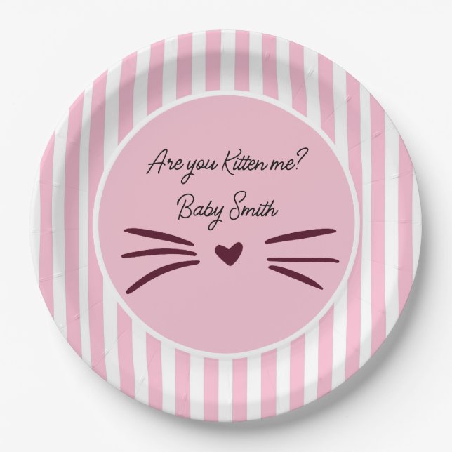Cat Baby Shower, Baby Girl, Pink Stripes Paper Plate (Front)